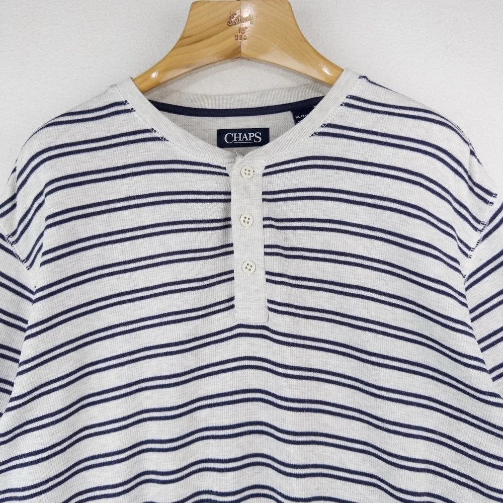 Chaps Ralph Lauren Men's XL Gray Blue Stripe Henley Shirt Long Sleeve *Pinhole